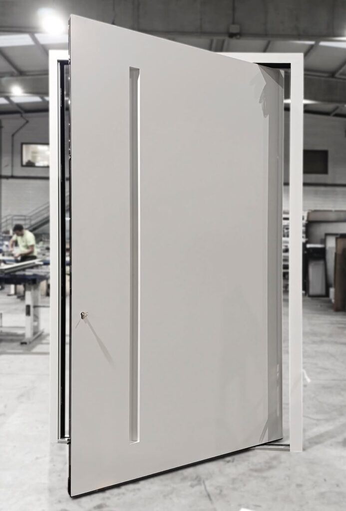 puerta pivotante de aluminio instalada en El Ejido